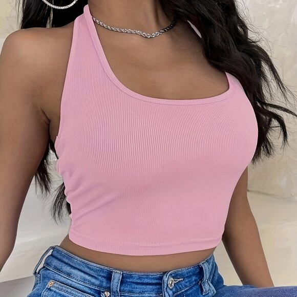 Elegant Backless Crop Top - Solid Halter Neck Design - Picture 1 of 8